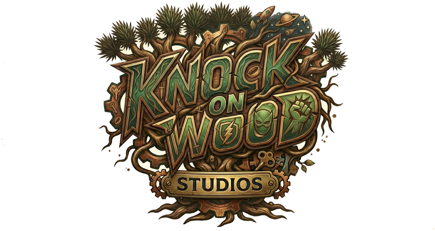 Knock on Wood Studios crest — the studio name carved from living wood and roots